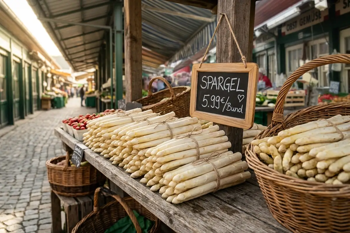Fresh white asparagus bundles tied with twine displayed at a rustic wooden market stand during Austrian Austria asparagus season, with woven baskets overflowing with spargel and a handwritten price sign, capturing the atmosphere of Spargelzeit Austria.