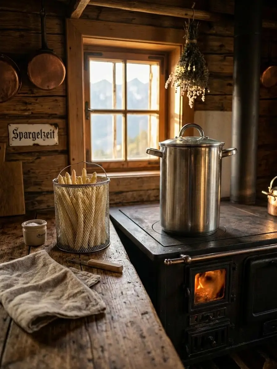 Rustic Alpine kitchen showing white asparagus being prepared for cooking, with a boiling asparagus basket on the counter alongside salt, a knife, and a white cloth, while a pot of asparagus boils on an old black stove in front of a window. Copper pots hang on the wall beneath a “Spargelzeit” sign, and dried Hollanderblüte bunches hang above the stove, capturing traditional cooking methods during Austrian Austria asparagus season and Spargelzeit Austria
