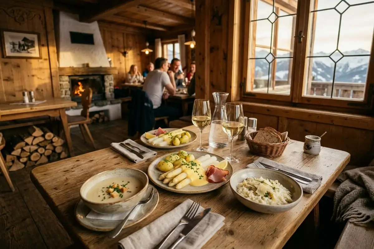Traditional Austrian alpine Alm interior with a wooden table set featuring three white asparagus dishes—creamy white asparagus soup, classic white asparagus with hollandaise sauce and parsley potatoes, and white asparagus risotto—served with glasses of white wine and rustic tableware, while people in the background are softly blurred, capturing the atmosphere of Austrian Austria asparagus season and Spargelzeit Austria.