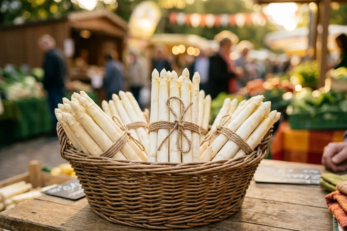 Basket filled with fresh white asparagus bundles tied with twine, captured in warm natural light during Austrian Austria asparagus season, highlighting the traditional harvest and market atmosphere of Spargelzeit Austria.
