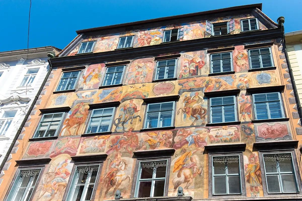 Painted House (Gemaltes Haus), also known as Herzoghaus. Its entire façade is covered in elaborate frescoes