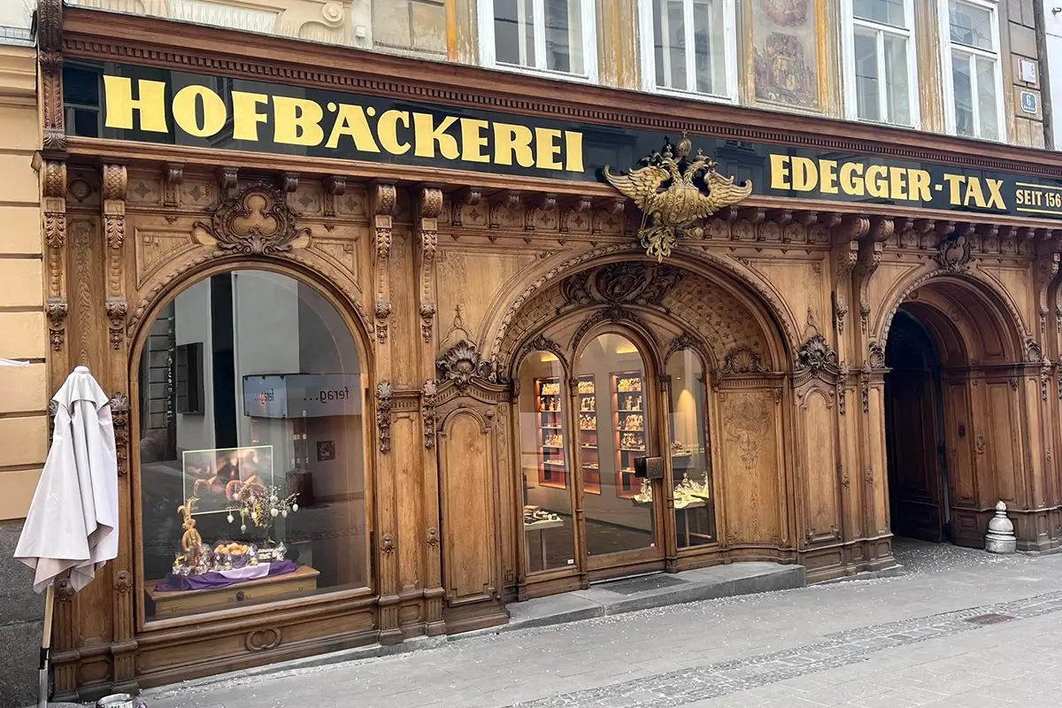 Historic Hofbäckerei Edegger-Tax bakery in Graz, showcasing traditional Austrian bakery storefront and heritage façade