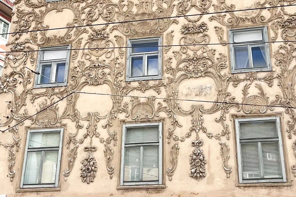 Luegghaus with ornate stucco façade colourful on the corner of Sporgasse and Herrengasse Graz 