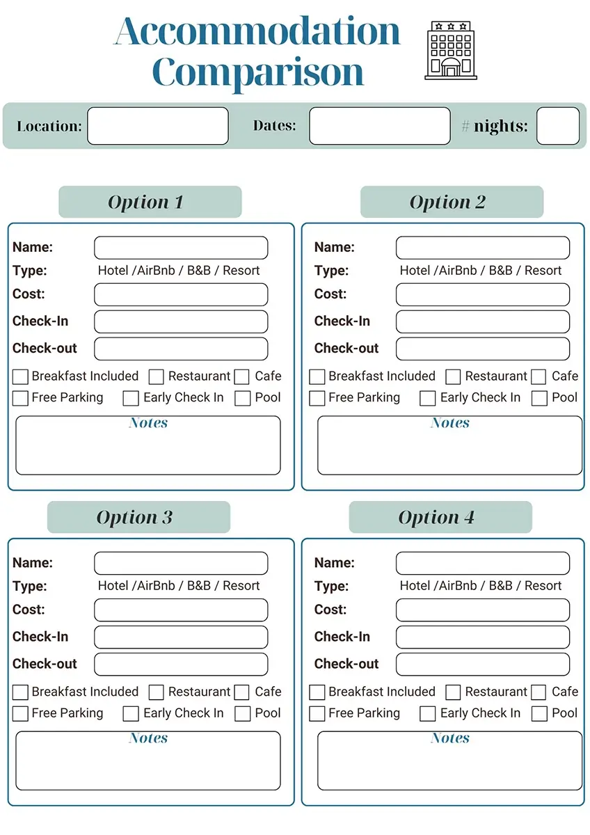 An Accommodation Comparison Page from the Austria Travel Planner