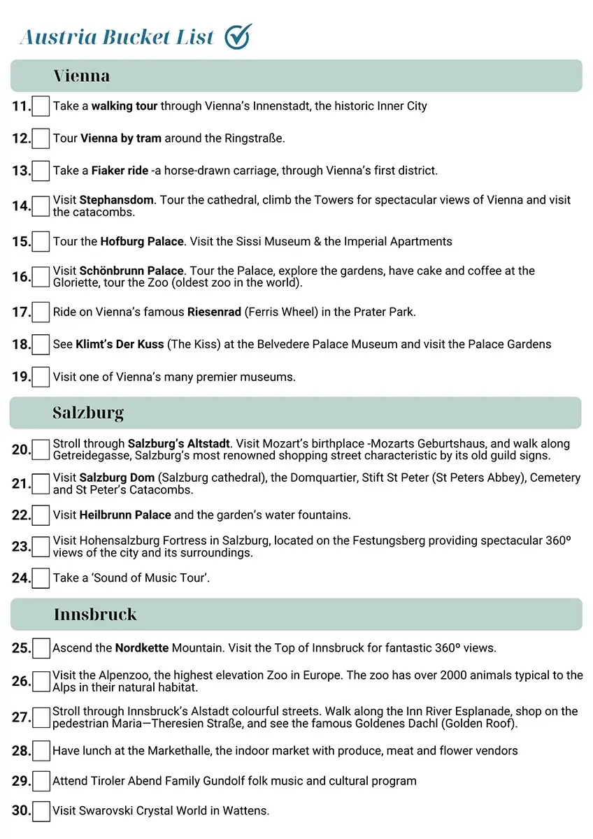 A Bucket List Page from the Austria Travel Planner