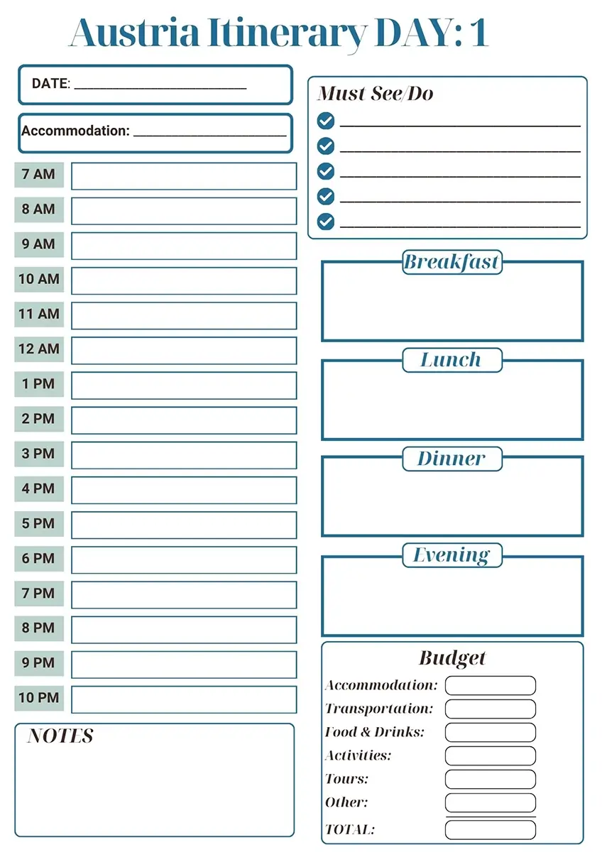 A daily itinerary Page from the Austria Travel Planner