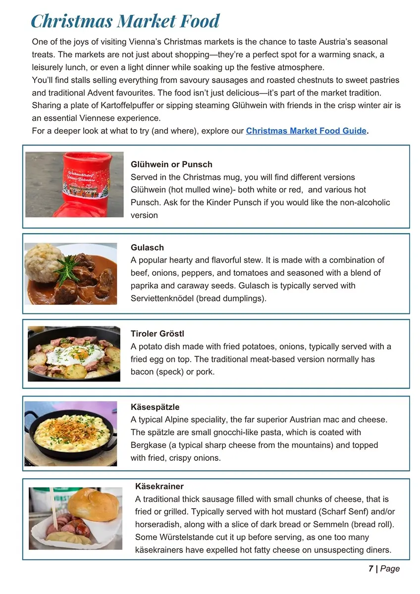 A page of Christmas Market Food from the Vienna Christmas Market Itinerary Guide