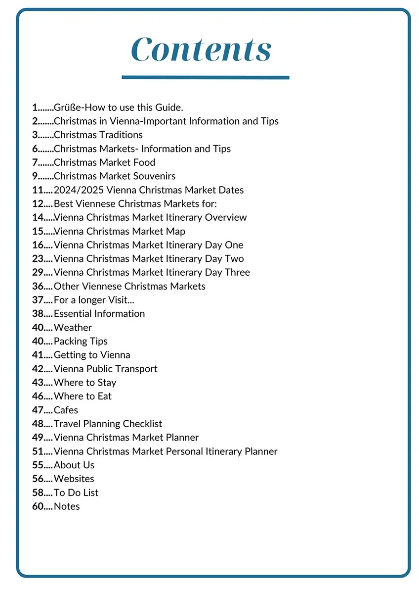 Table of Contents of the Vienna Christmas Market Itinerary Guide