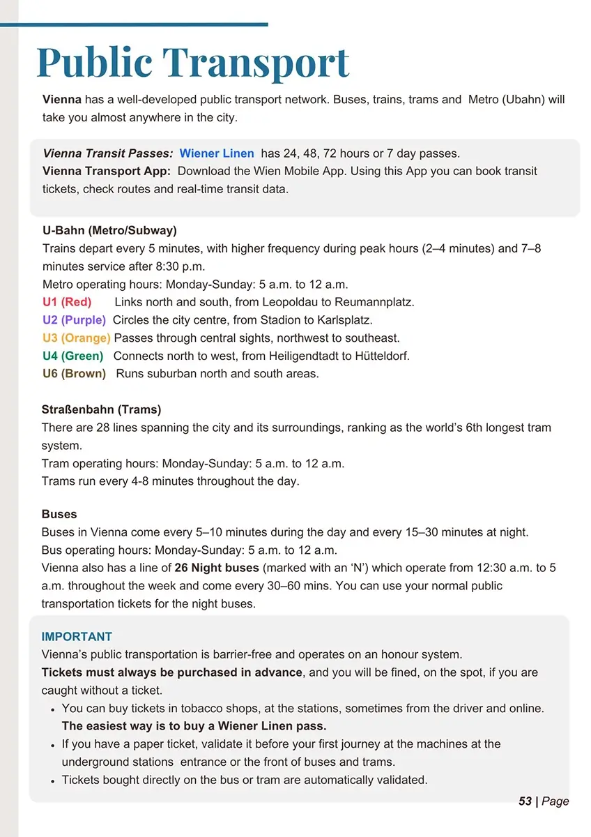 Helpful Public Transport Tips page from the Vienna Christmas Market Itinerary Guide