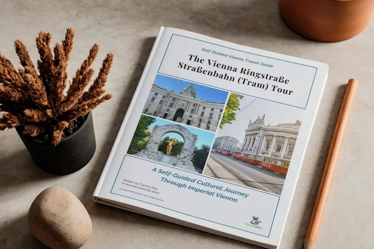 The Vienna Ringstraße Straßenbahn (Tram) Tour Guide on a desk next to a plant and pen