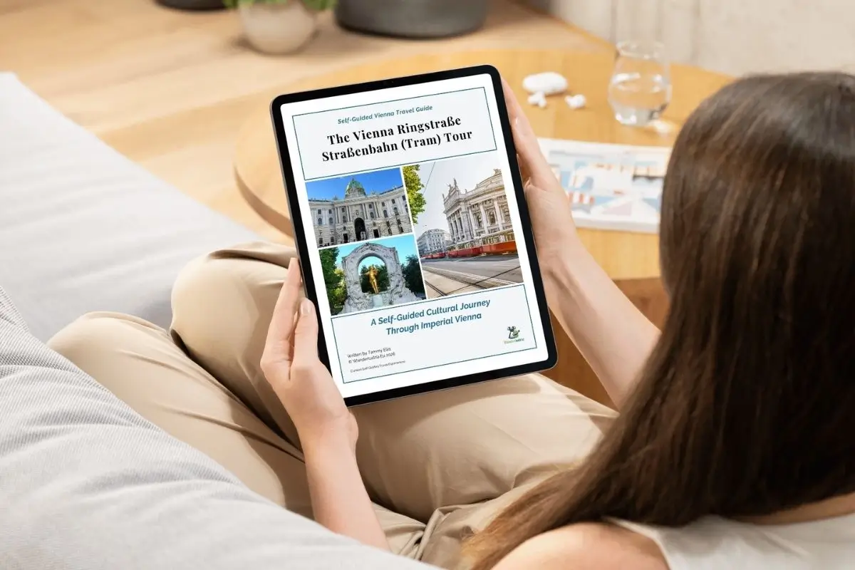 Woman sitting and reading the Vienna Ringstraße Straßenbahn Tour guide on a ipad